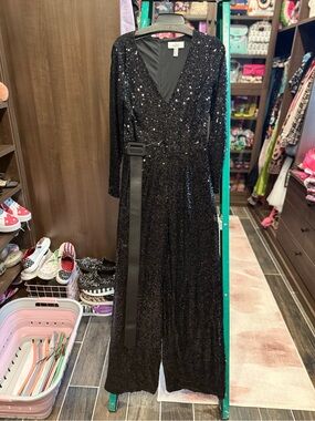 Badgley Mischka Black Sequin V-Neck Wide-Leg Jumpsuit